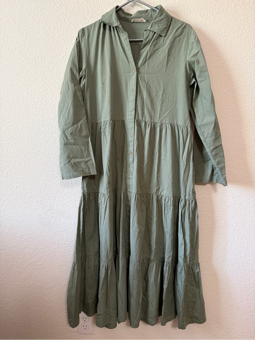 Light Olive Green Button-Front Tiered Maxi Dress